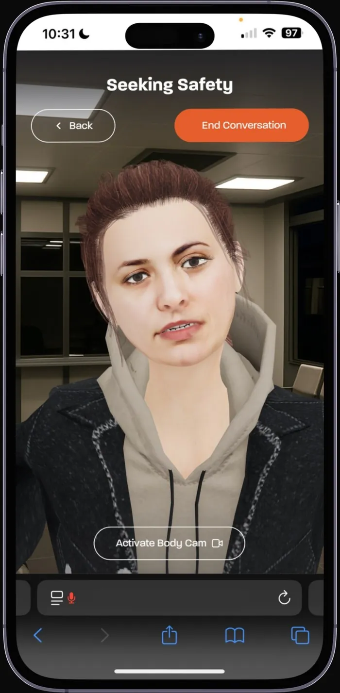 The RAISE app showing a live 'Seeking Safety' conversation with an AI character