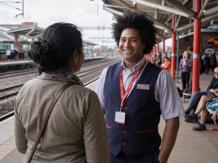 A member of staff helping two passengers under a departure board
