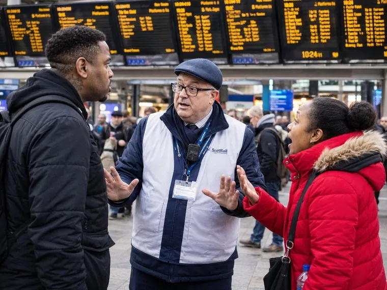 A member of staff resolving a tense exchange with a customer at ticket gates